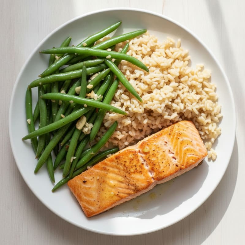 Seared Salmon with Garlic Green Beans and Brown Rice