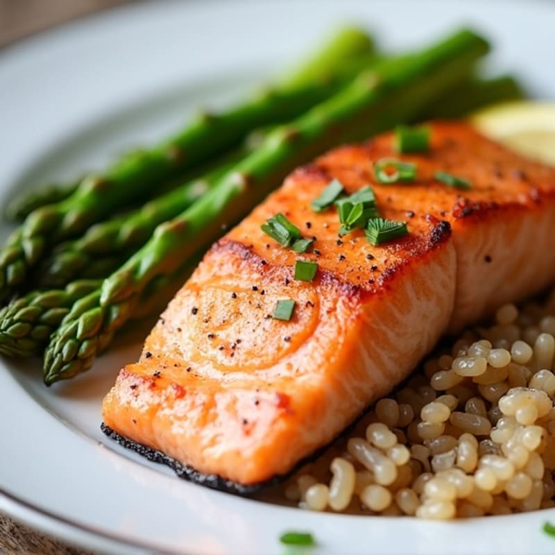 Seared Salmon Fillet with Steamed Asparagus and Brown Rice