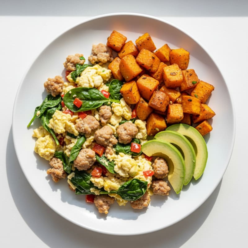Egg White and Turkey Sausage Scramble with Roasted Sweet Potatoes
