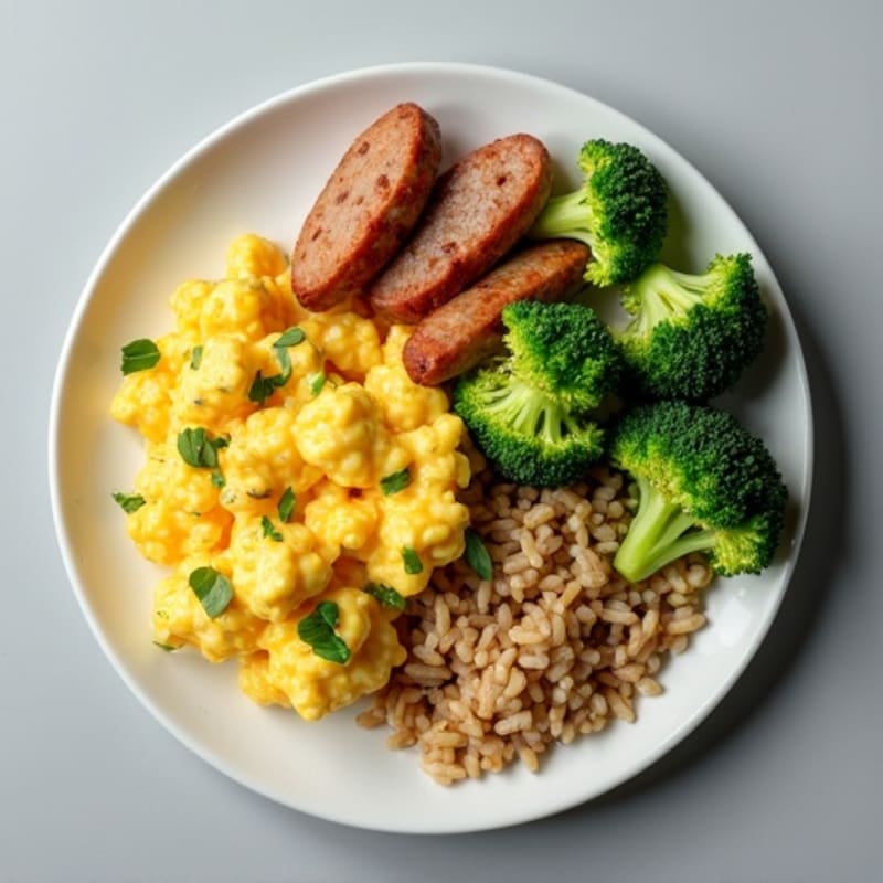 Egg White and Turkey Sausage Scramble with Broccoli and Brown Rice