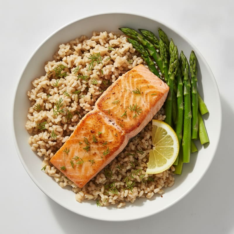 Seared Salmon with Steamed Asparagus and Herbed Brown Rice