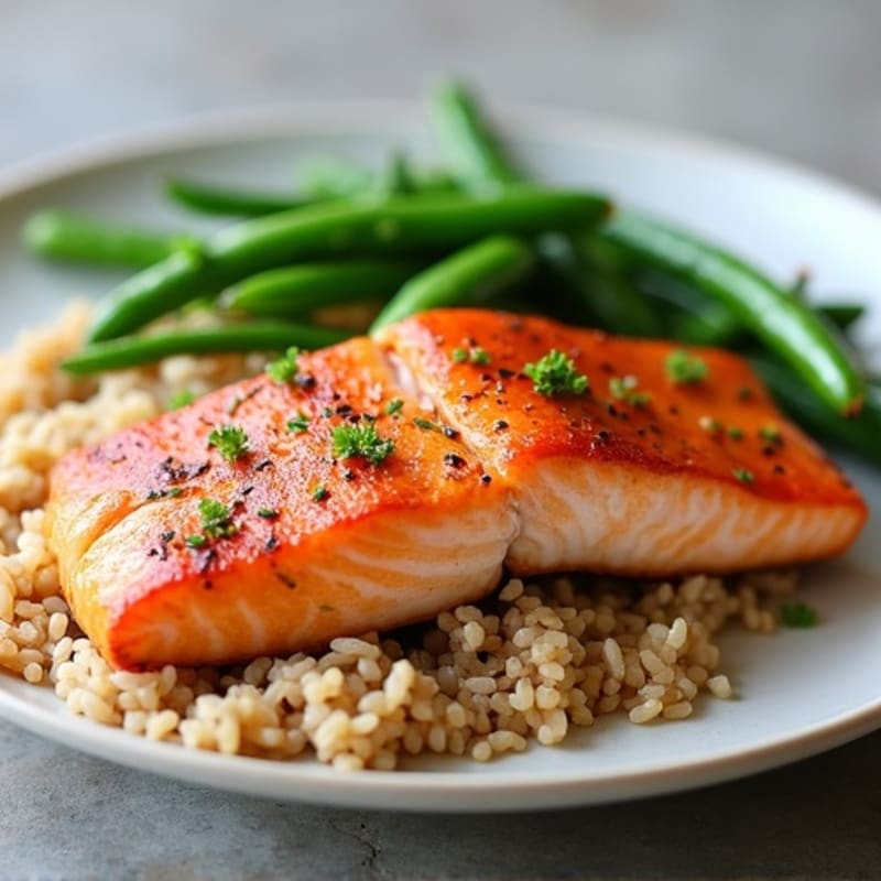 Seared Salmon with Steamed Green Beans and Brown Rice