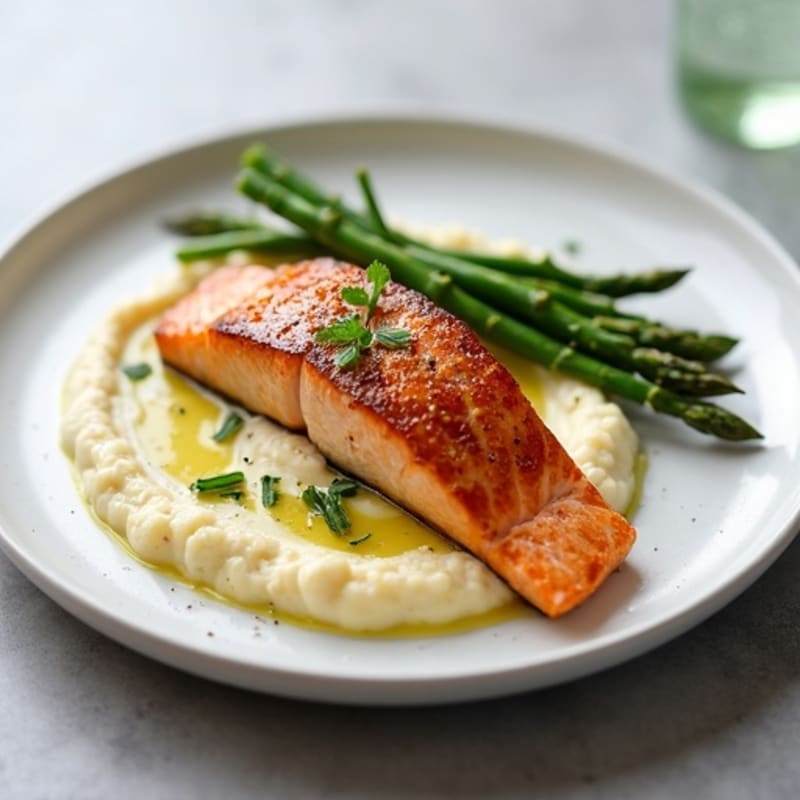 Seared Salmon with Steamed Asparagus and Cauliflower Mash