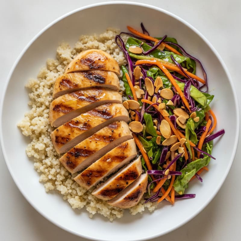 Grilled Chicken Breast with Crunchy Cabbage Slaw and Quinoa