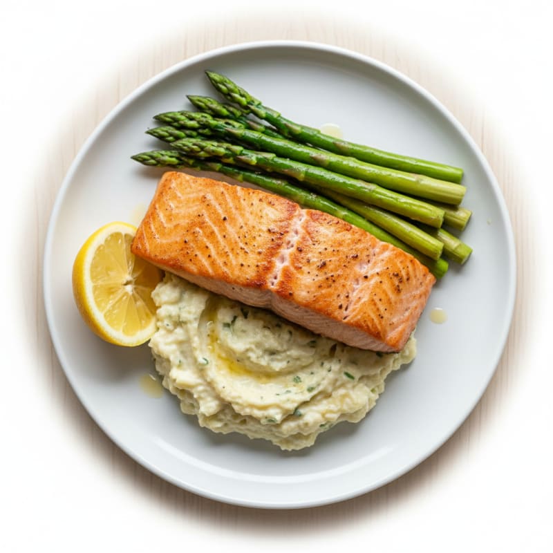 Seared Salmon with Steamed Asparagus and Garlic Cauliflower Mash