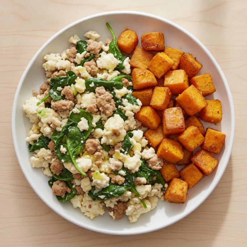 Egg White and Turkey Spinach Scramble with Roasted Sweet Potatoes