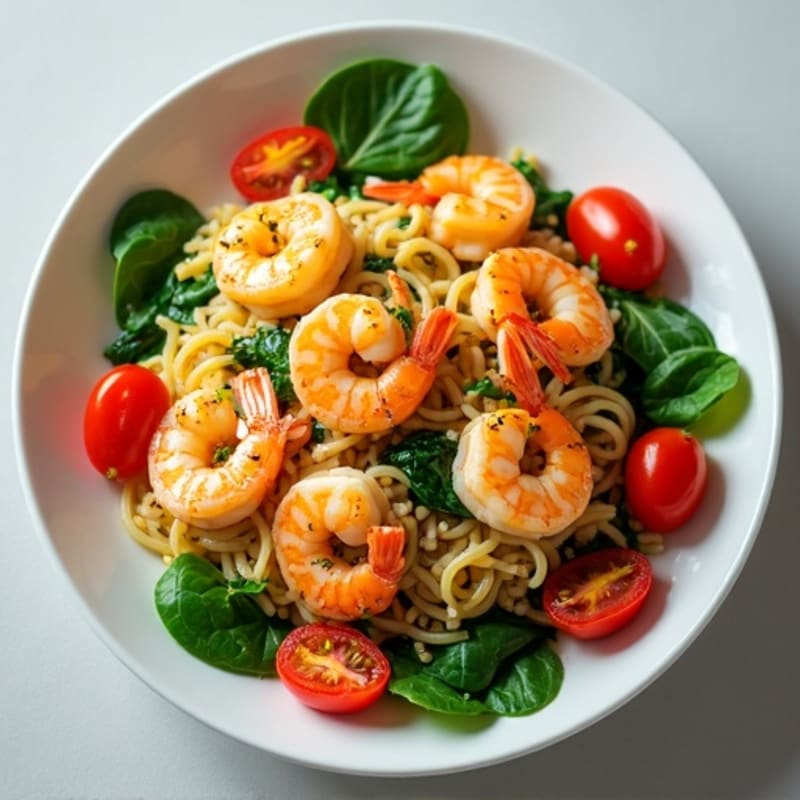 Garlic Shrimp and Orzo with Fresh Spinach and Cherry Tomatoes