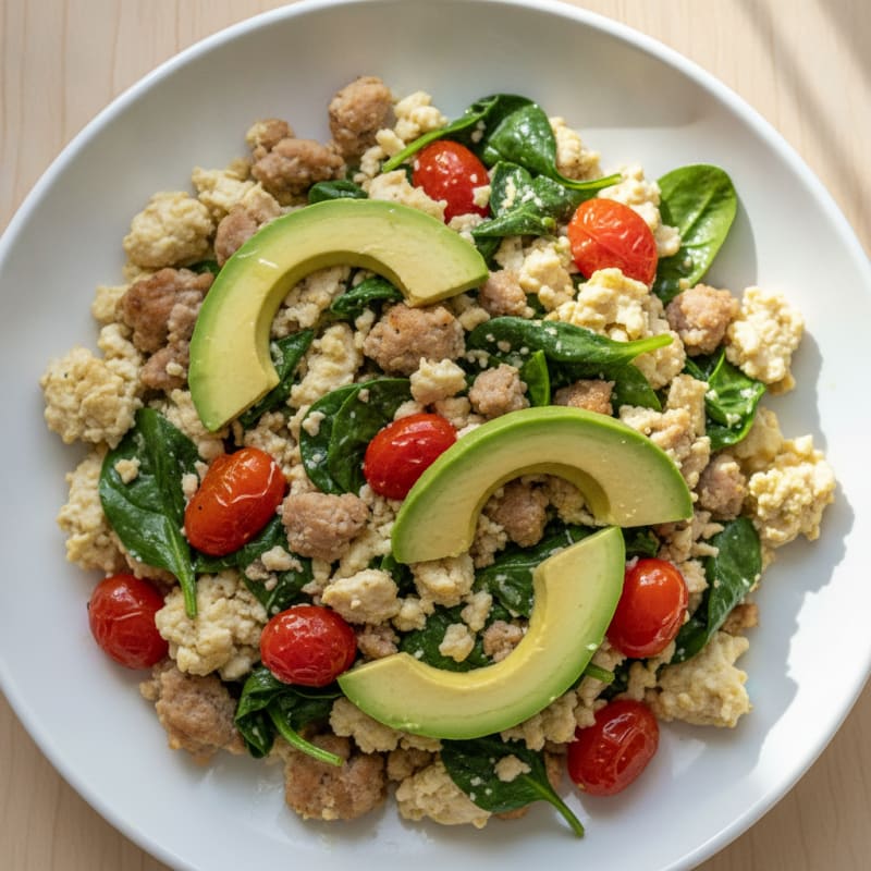 Egg White and Turkey Sausage Scramble with Spinach and Tomatoes