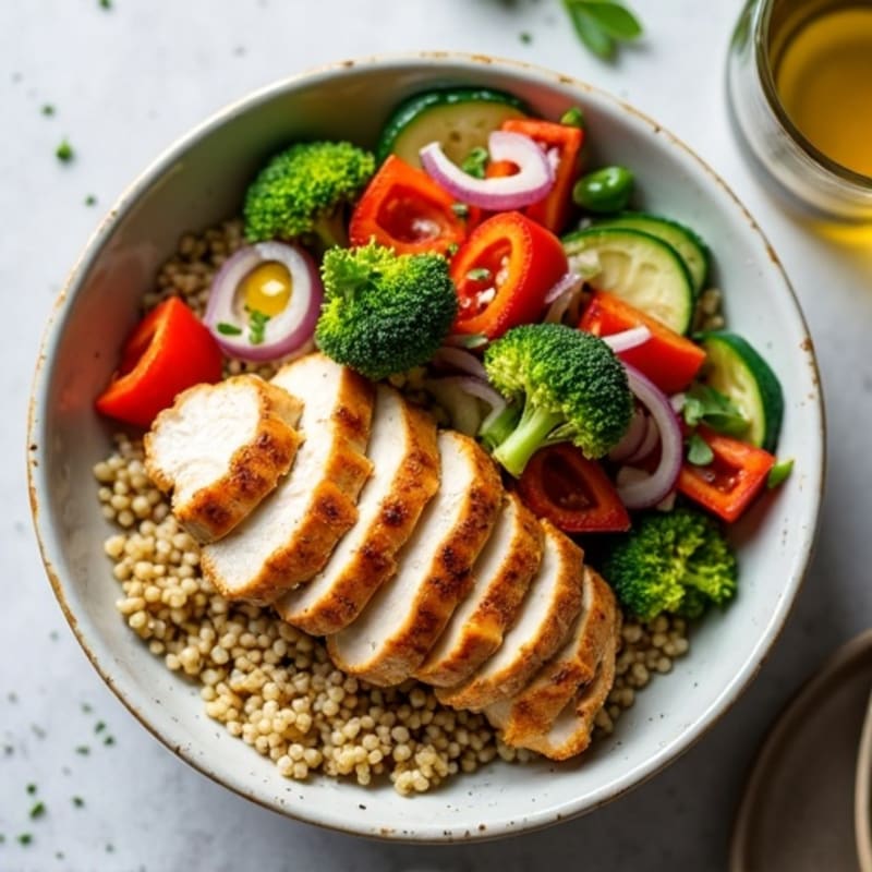 Lean Sliced Chicken and Crispy Veggie Power Bowl with Zesty Herb Vinaigrette