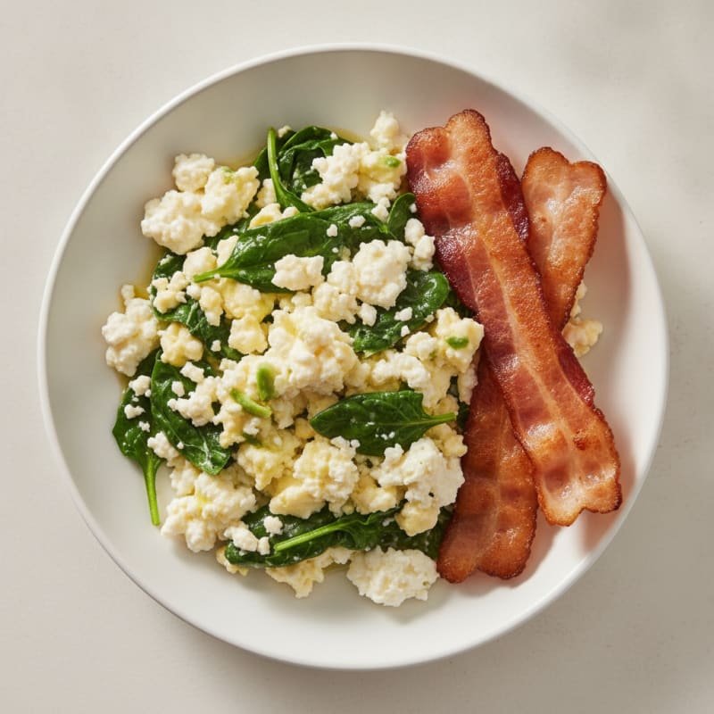 Cottage Cheese Scramble with Spinach and Turkey Bacon