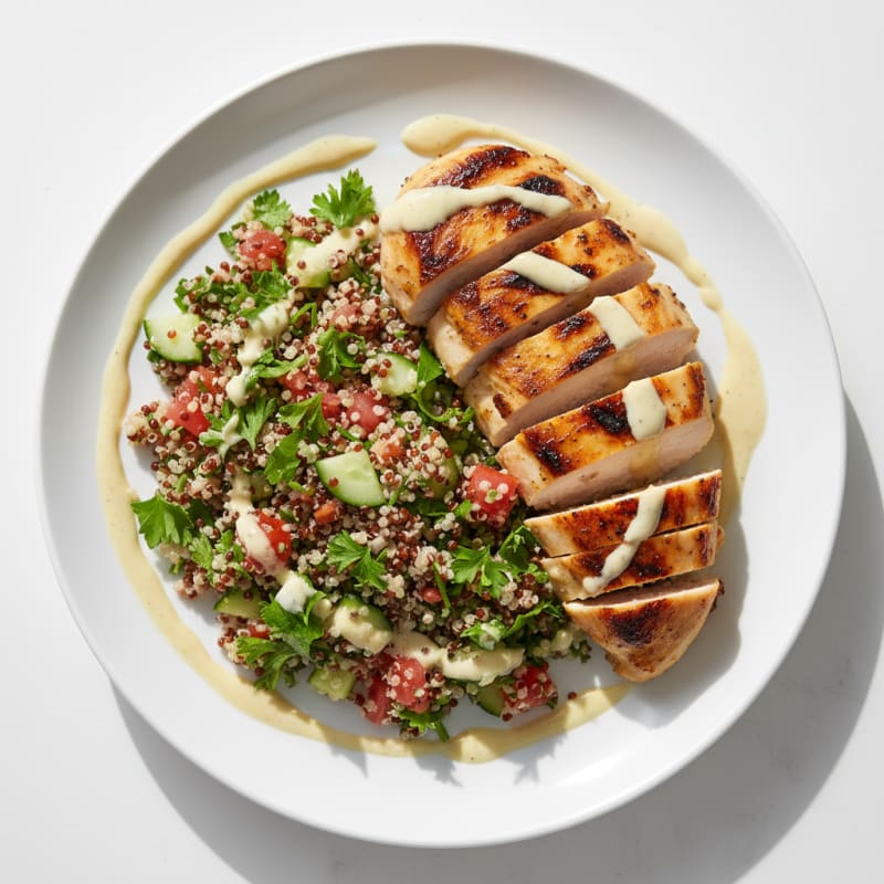 Grilled Chicken Breast with Quinoa Tabbouleh and Lemon Tahini Drizzle