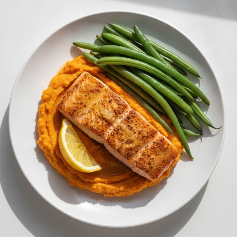Seared Salmon Fillet with Steamed Green Beans and Sweet Potato Mash