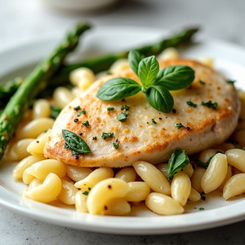 Creamy Lemon Herb Chicken Pasta with Roasted Asparagus