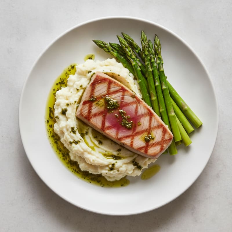 Pan-Seared Tuna Steak with Steamed Asparagus and Cauliflower Mash