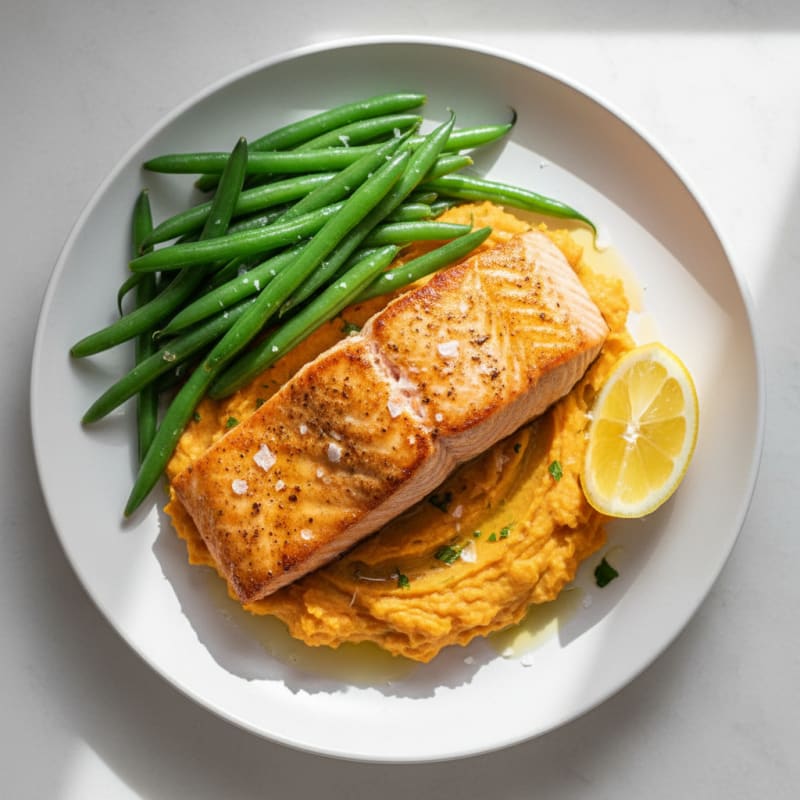 Seared Salmon Fillet with Steamed Green Beans and Garlic Mashed Sweet Potatoes
