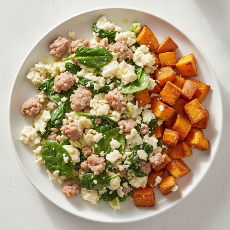 Egg White and Turkey Sausage Scramble with Spinach and Roasted Sweet Potato