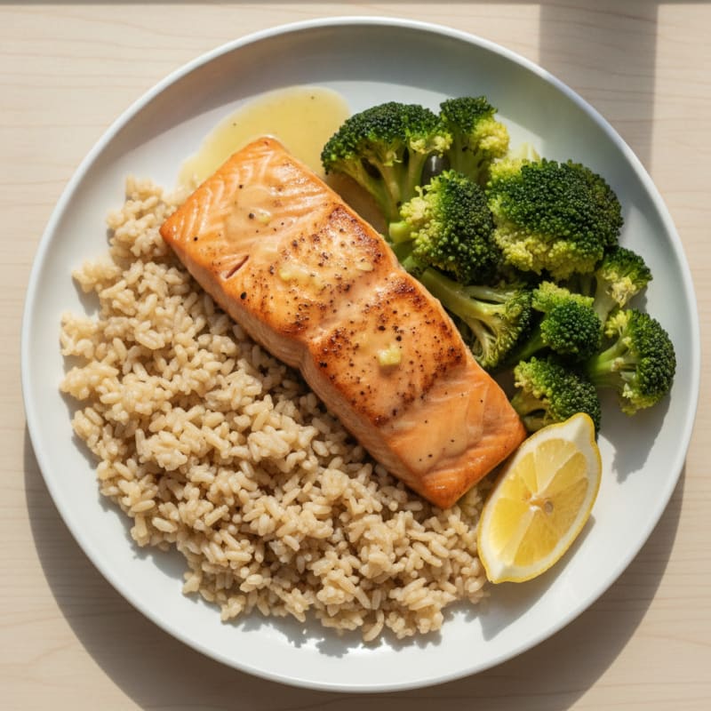Seared Salmon with Steamed Broccoli and Brown Rice