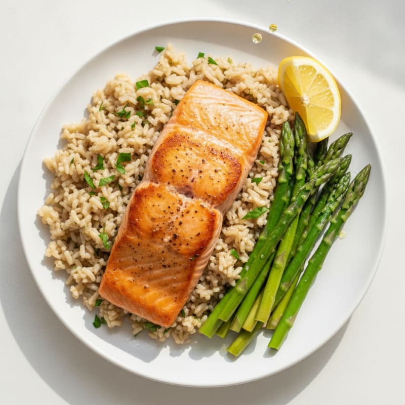 Seared Salmon Fillet with Steamed Asparagus and Herb Rice