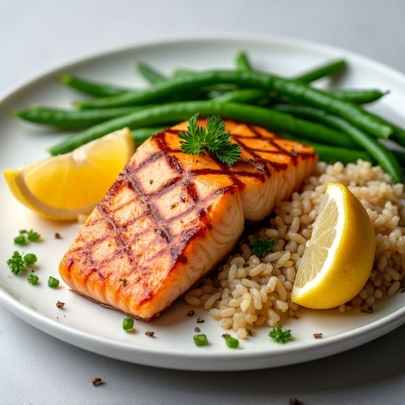 Seared Salmon Fillet with Garlic Green Beans and Brown Rice