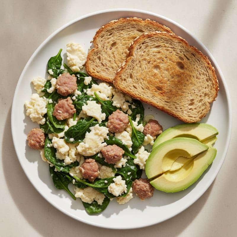 Egg White Spinach Scramble with Turkey Sausage