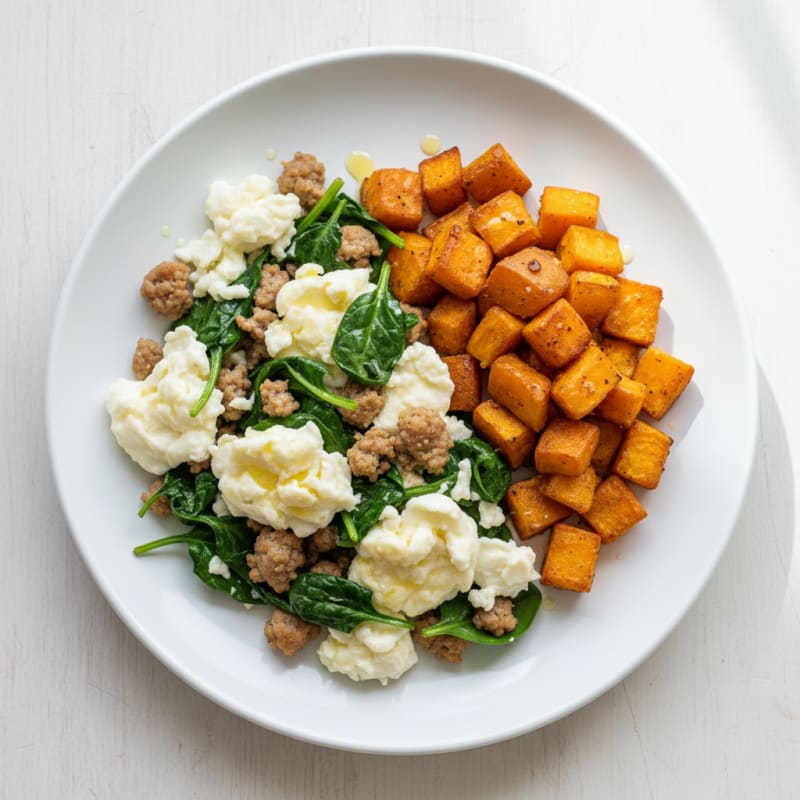 Egg White and Turkey Sausage Scramble with Spinach and Roasted Sweet Potatoes
