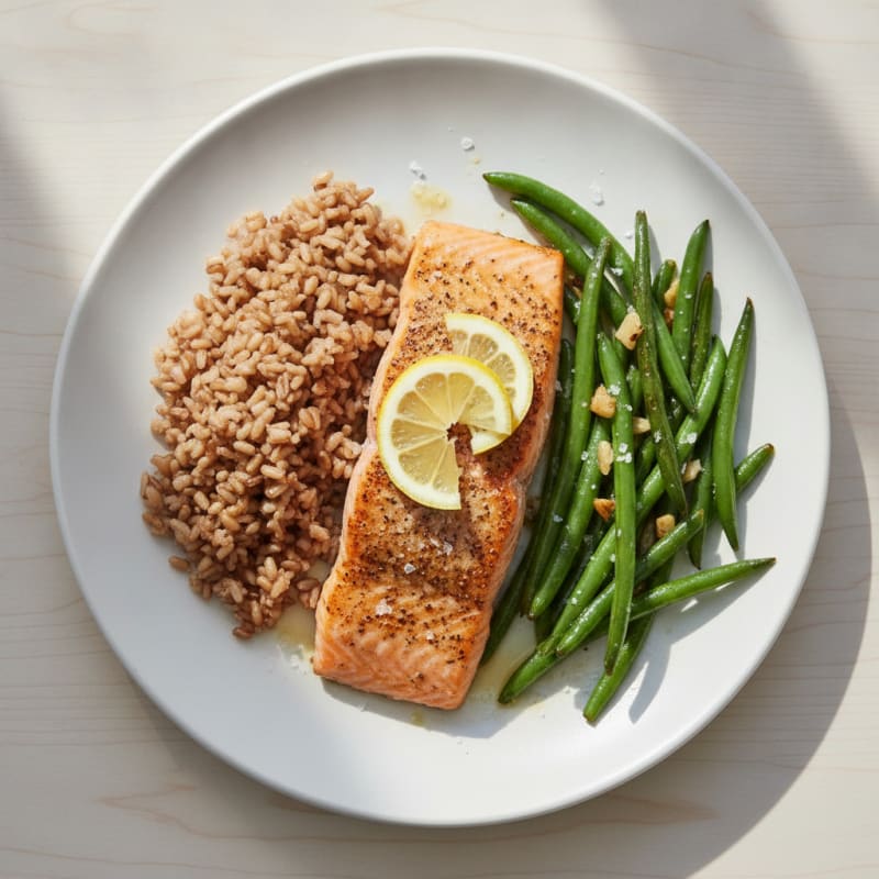 Seared Salmon Fillet with Garlic Green Beans and Brown Rice