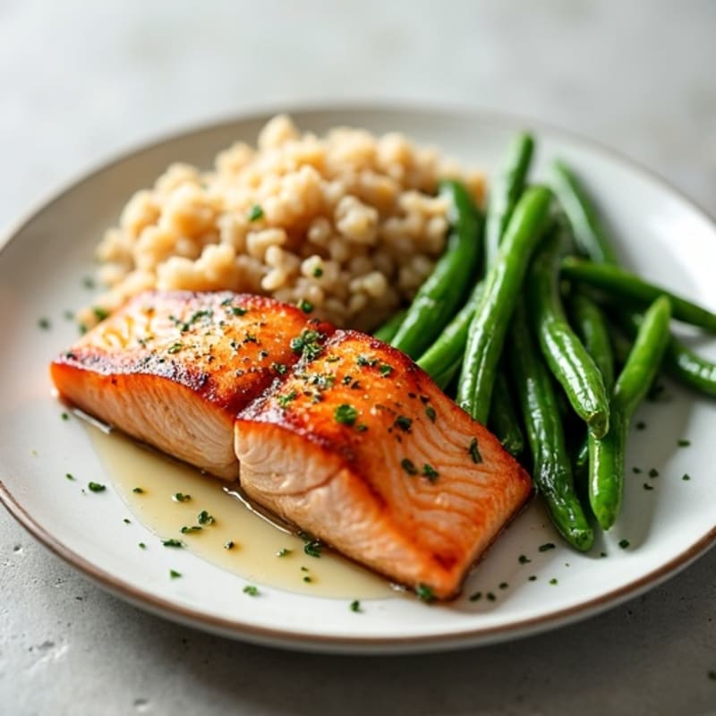 Seared Salmon with Garlic Green Beans and Brown Rice