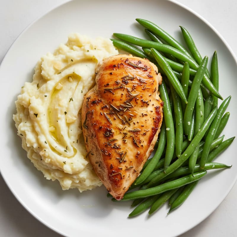 Herb-Roasted Chicken Breast with Garlic Mashed Potatoes and Steamed Green Beans