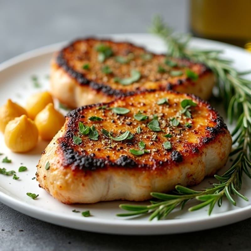 Herb-Crusted Pan Seared Pork Chops with Roasted Garlic