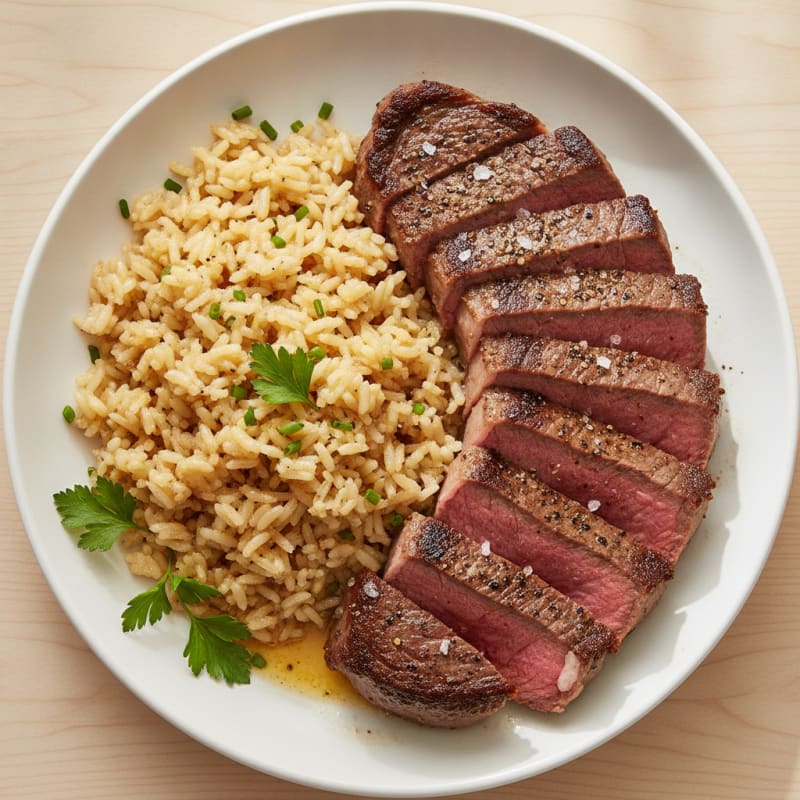 Seared Lean Steak with Garlic Rice