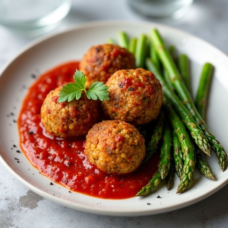 Crispy Baked Lentil Meatballs with Roasted Asparagus and Fresh Marinara