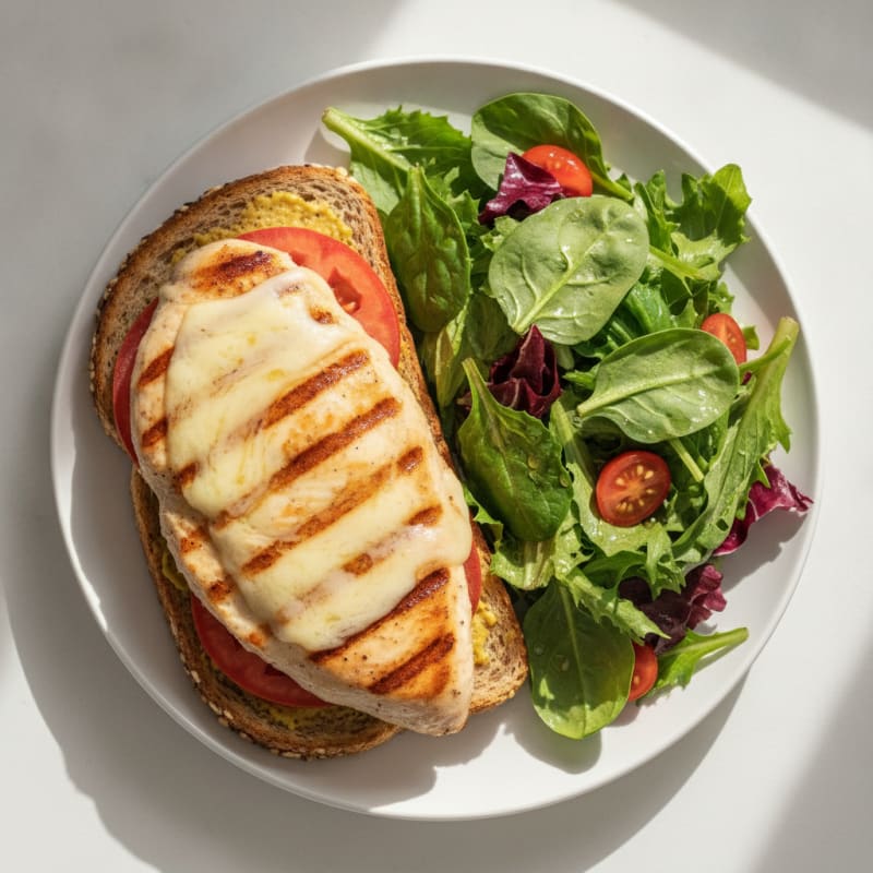 Grilled Chicken Breast Sandwich with Whole Grain Bread and Mixed Green Salad