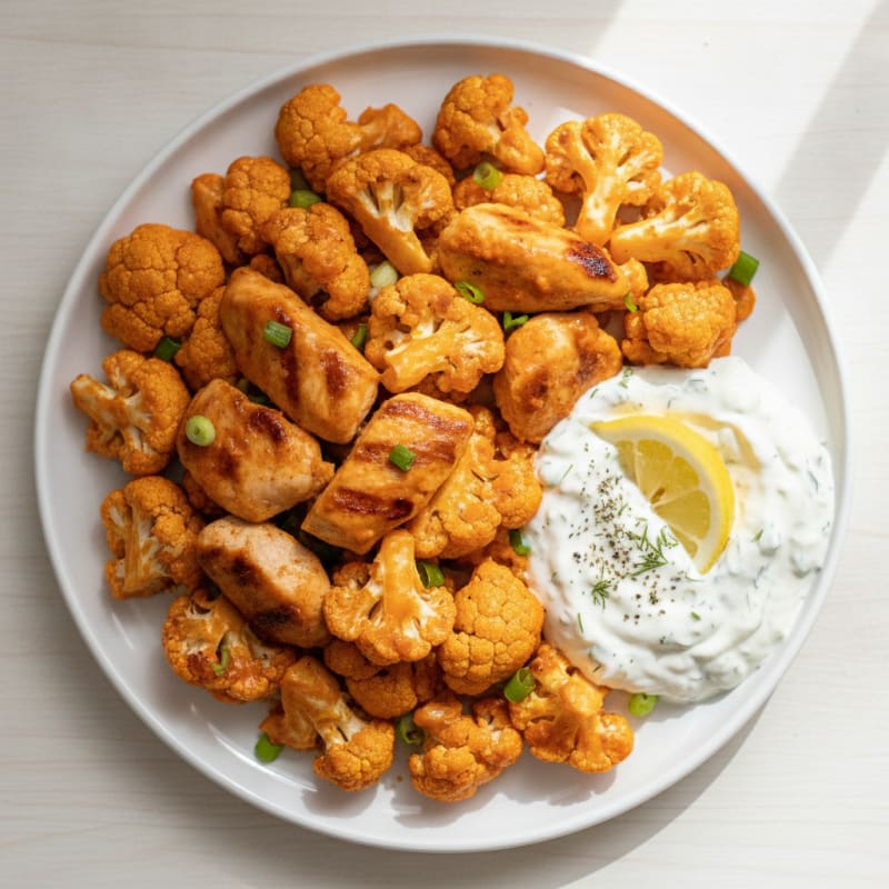 Buffalo Cauliflower and Chicken Bites with Ranch Dip