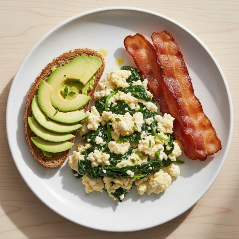 Cottage Cheese Scramble with Spinach and Turkey Bacon
