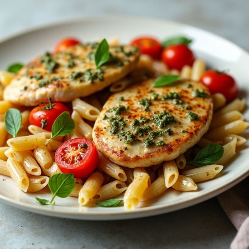 Pan-Seared Chicken Pesto with Whole Wheat Penne and Blistered Tomatoes