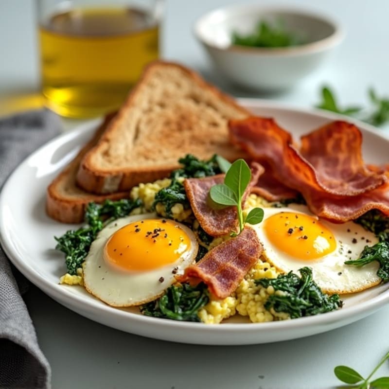 Egg White and Spinach Scramble with Turkey Bacon and Whole Grain Toast