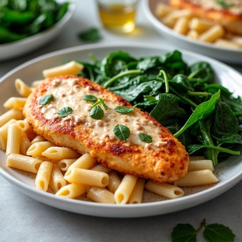 Spicy Paprika Chicken with Creamy Whole Wheat Pasta and Sautéed Greens