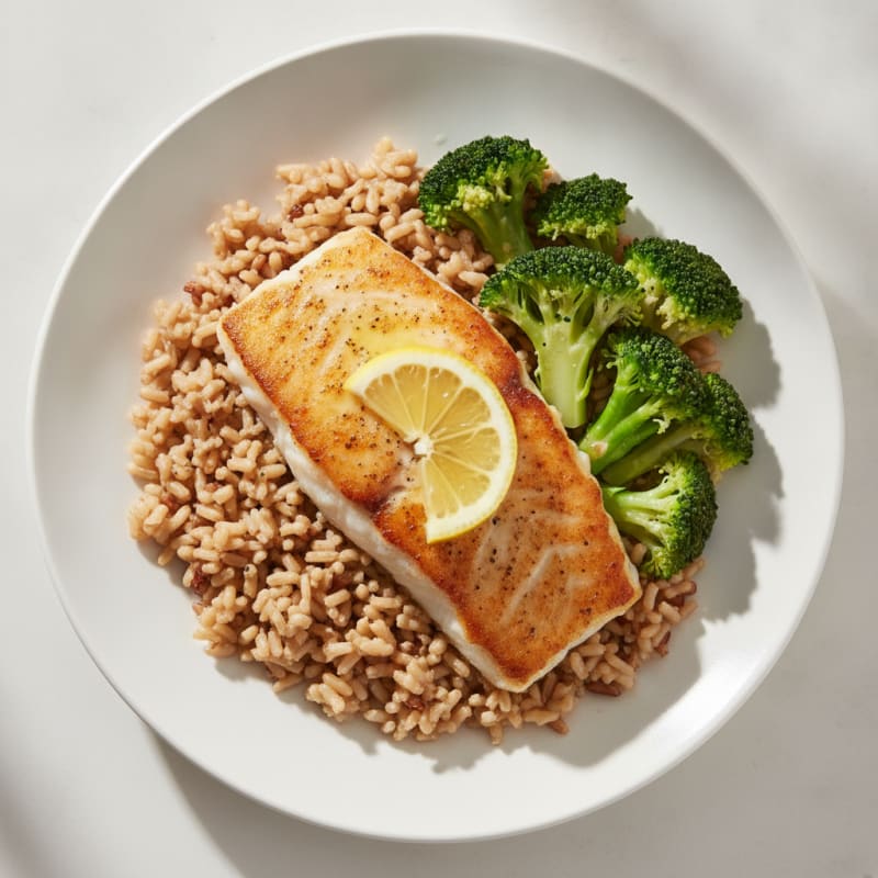 Seared Cod with Steamed Broccoli and Brown Rice