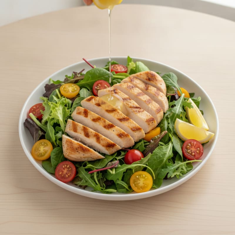 Grilled Chicken Breast Salad with Mixed Greens and Cherry Tomatoes