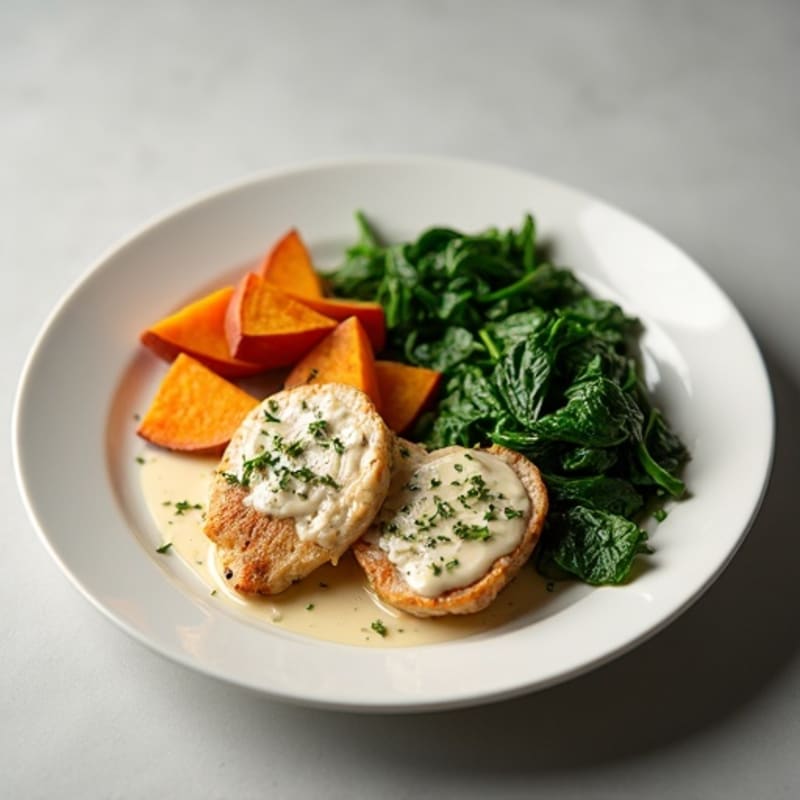 Creamy Garlic Chicken with Tender Spinach and Roasted Sweet Potatoes