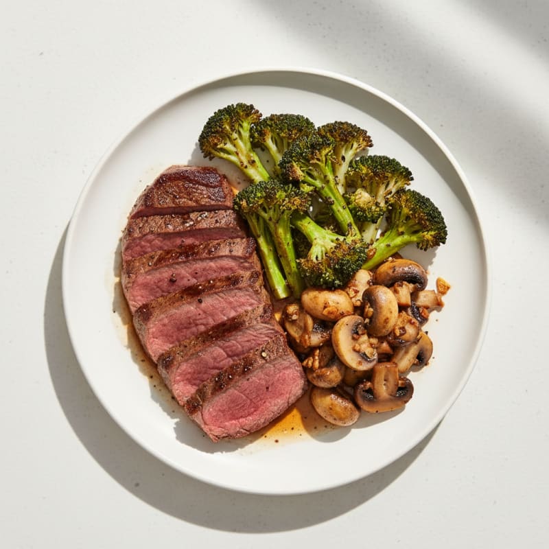 Seared Lean Beef with Roasted Broccoli and Garlic Mushrooms
