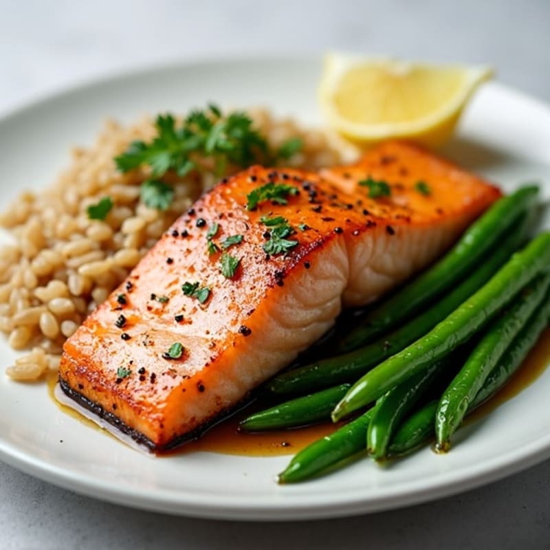 Seared Salmon with Steamed Green Beans and Brown Rice