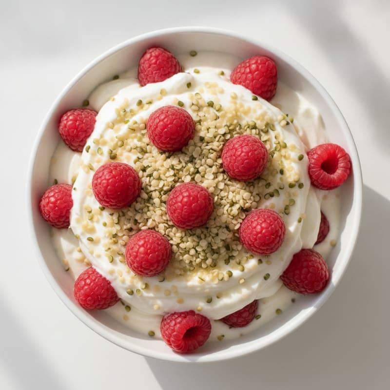 Silky Greek Yogurt Parfait with Hemp Seeds and Raspberries