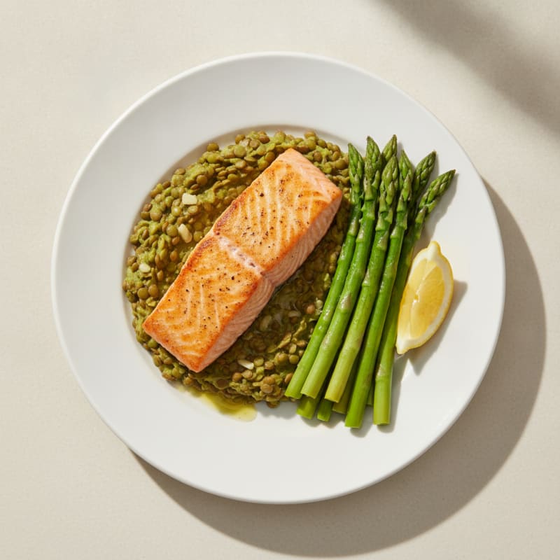 Seared Salmon with Steamed Asparagus and Lentil Mash