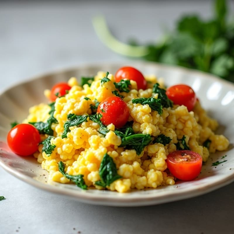 Fluffy Scrambled Eggs with Fresh Spinach and Cherry Tomatoes