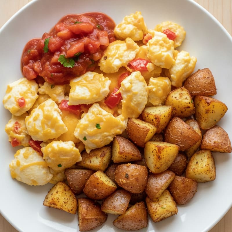 Cheesy Egg White Scramble with Crispy Potatoes