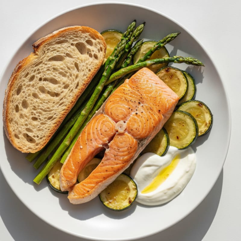 Oven-Baked Salmon with Roasted Vegetables and Sourdough Slice