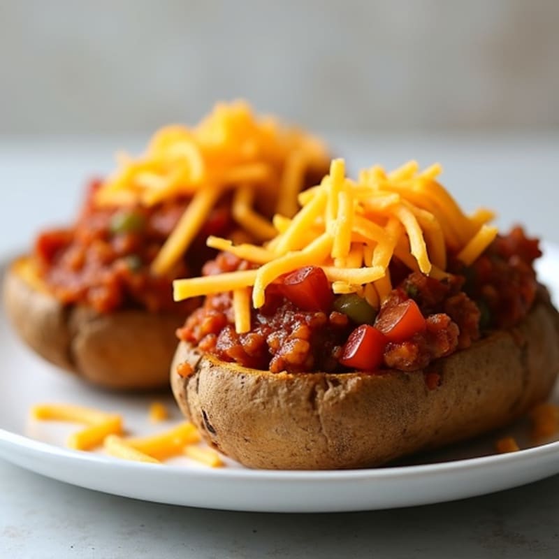 Crispy Baked Potato Halves with Hearty Turkey Chili and Melted Cheddar
