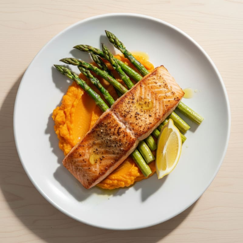 Seared Salmon Fillet with Roasted Asparagus and Sweet Potato Mash