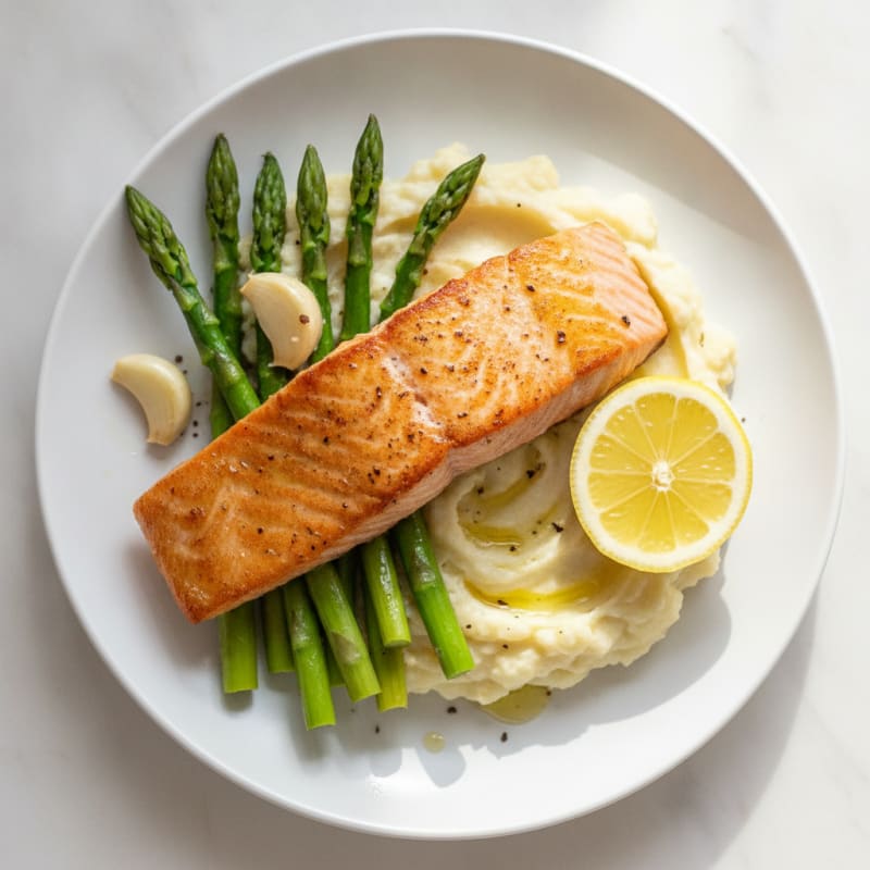 Seared Salmon with Steamed Asparagus and Garlic Mashed Cauliflower